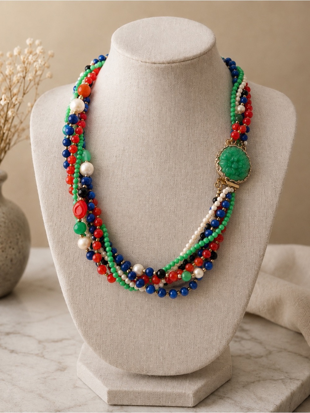 Vintage Multi-Strand Red & Green Beaded Statement Necklace with Carved Pendant